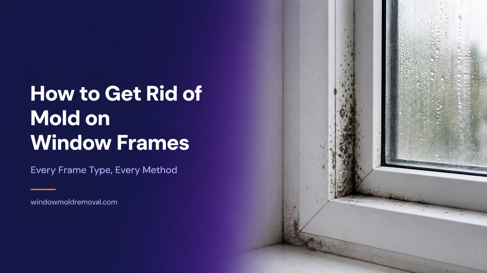 Black mold on a white uPVC window frame and sill with condensation on the glass