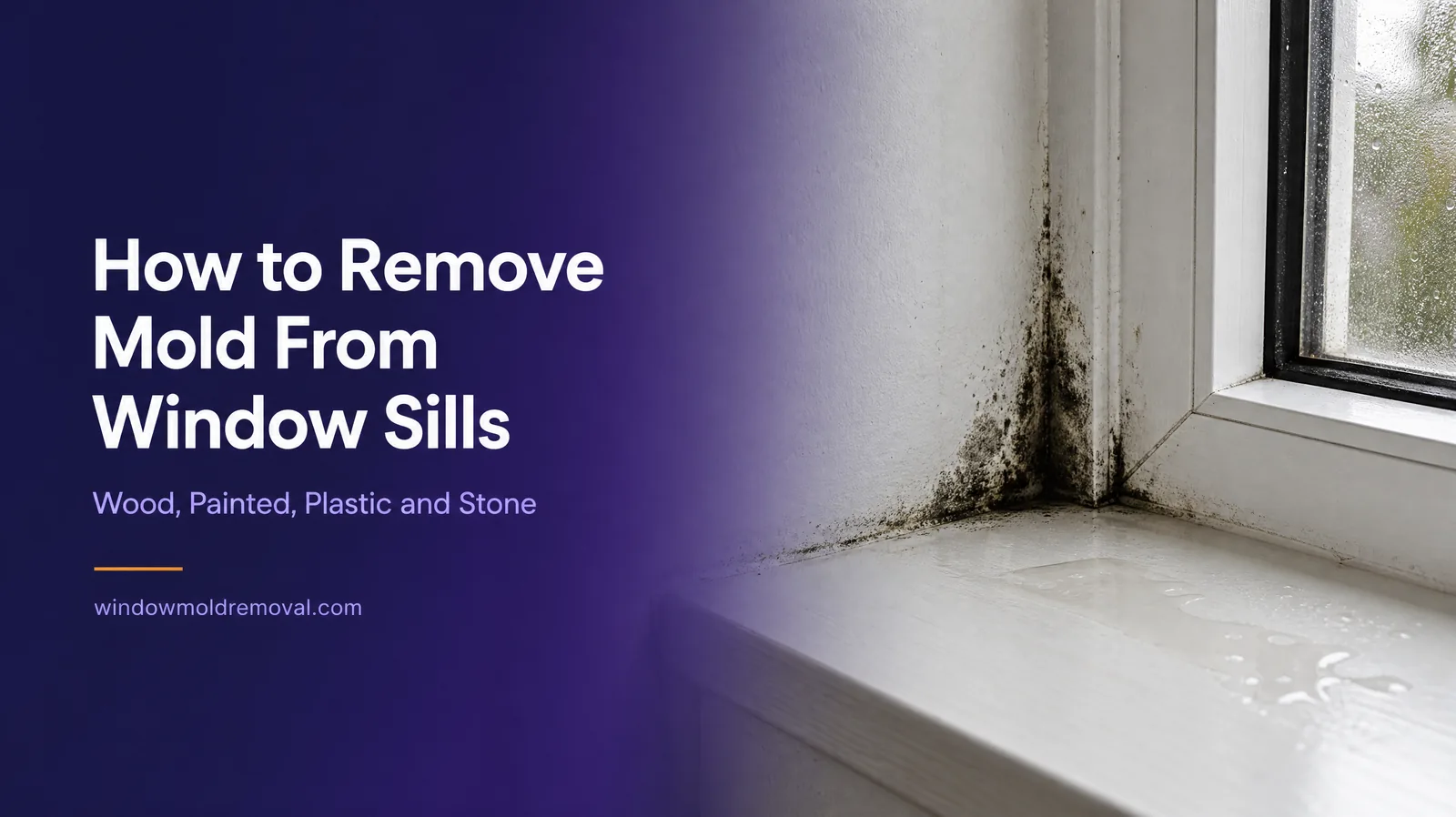Black mold in the corners of a white window sill with condensation