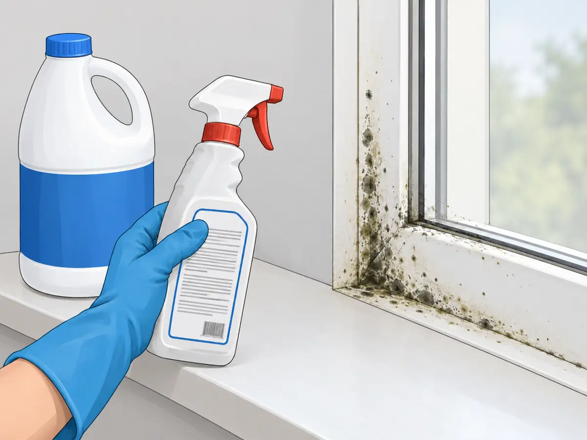 Bleach jug and commercial mold remover spray beside a moldy window frame