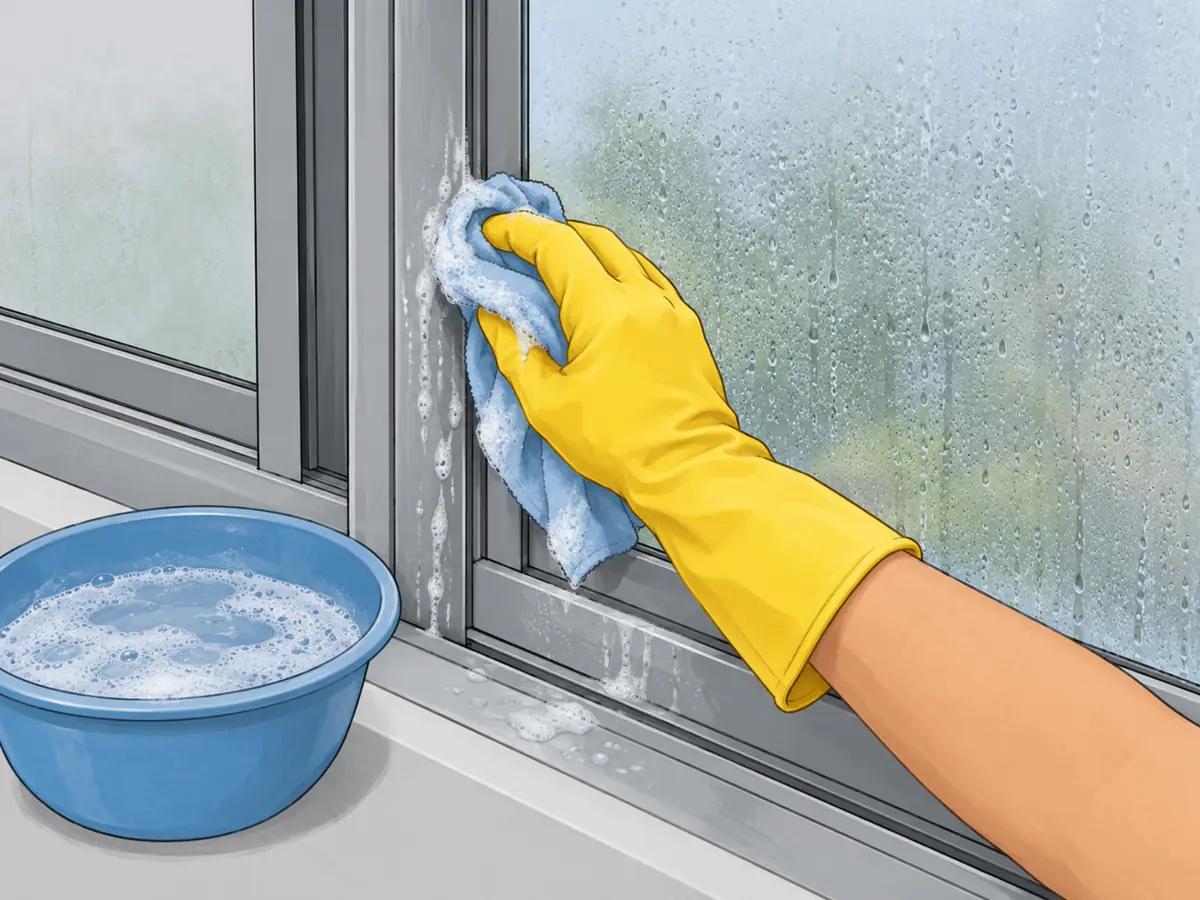 Cleaning mold off an aluminum window frame with soapy water