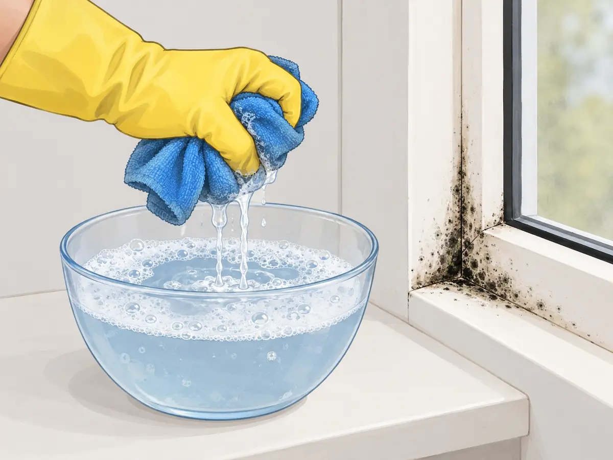 Cleaning window mold with dish soap and warm water