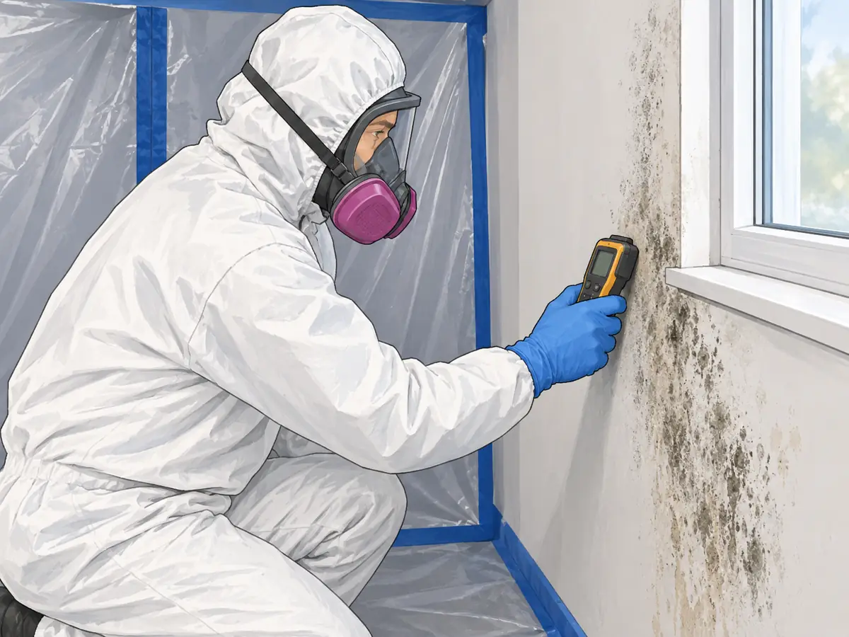 Mold remediation professional inspecting a window wall
