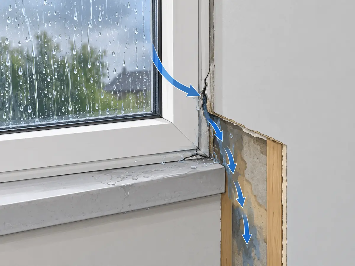 Rain leaking through cracked caulk around a window