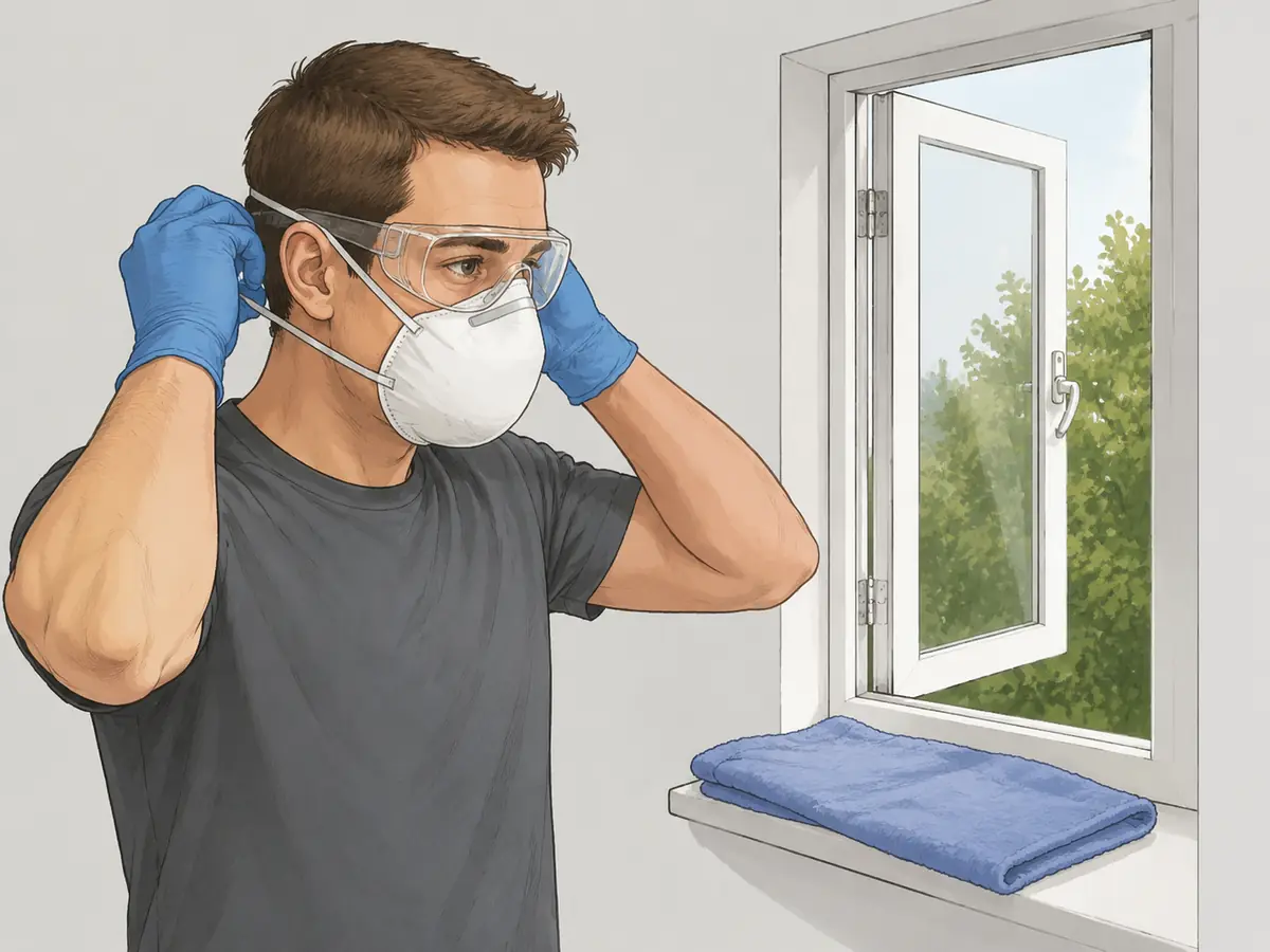Wearing gloves, goggles and an N95 mask before removing mold from windows