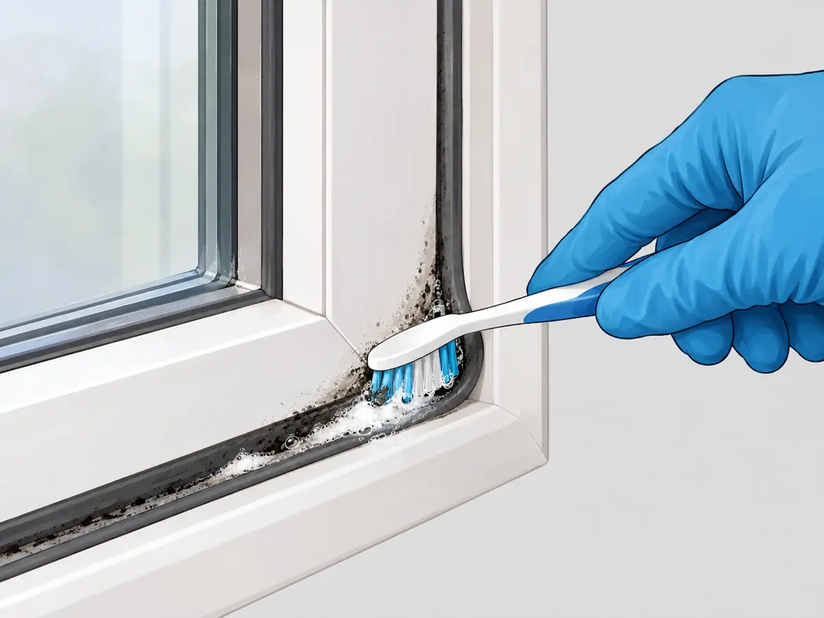 Scrubbing mold out of a window seal and corner with a toothbrush