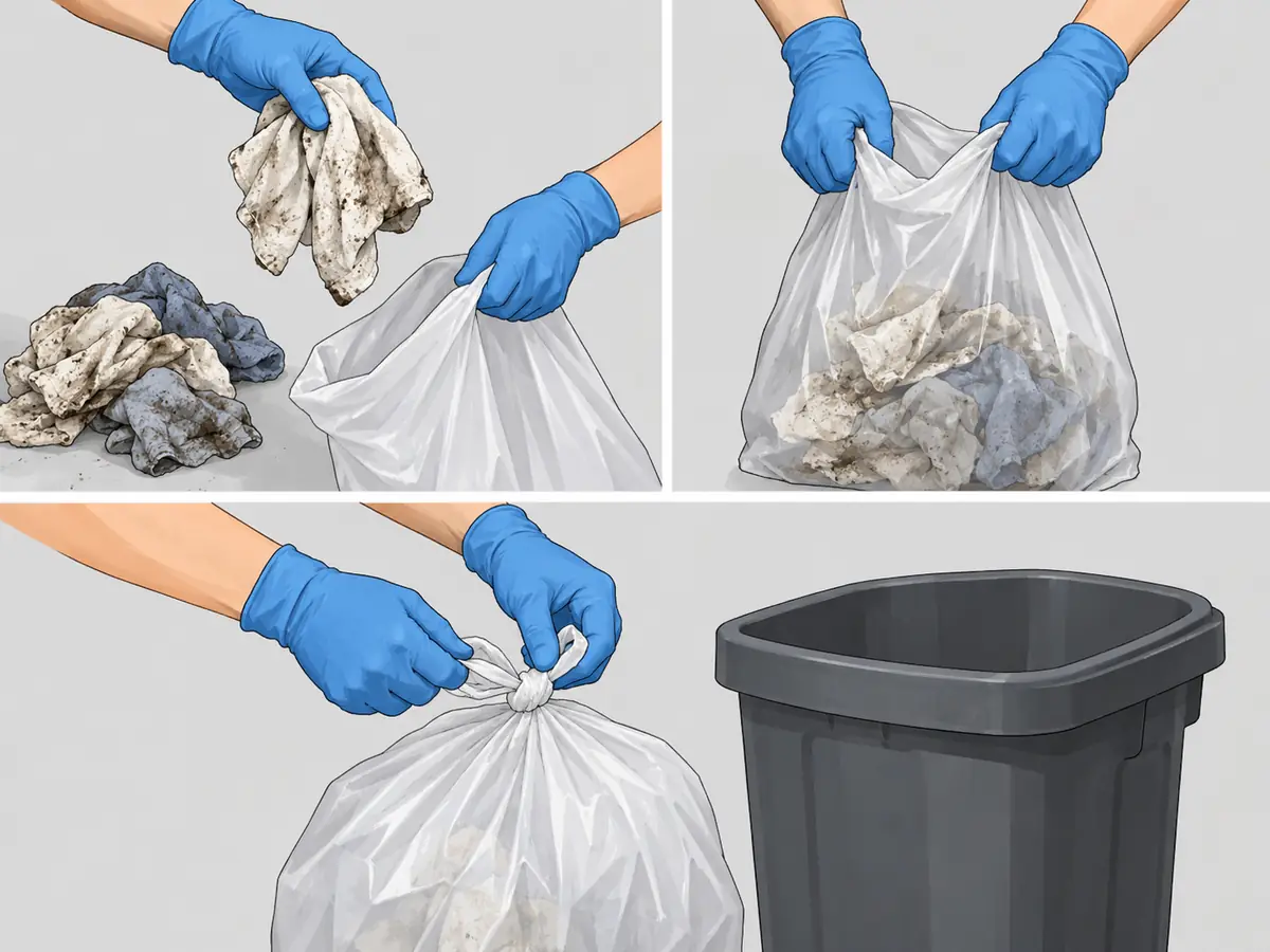 Bagging used mold cleaning cloths for the bin