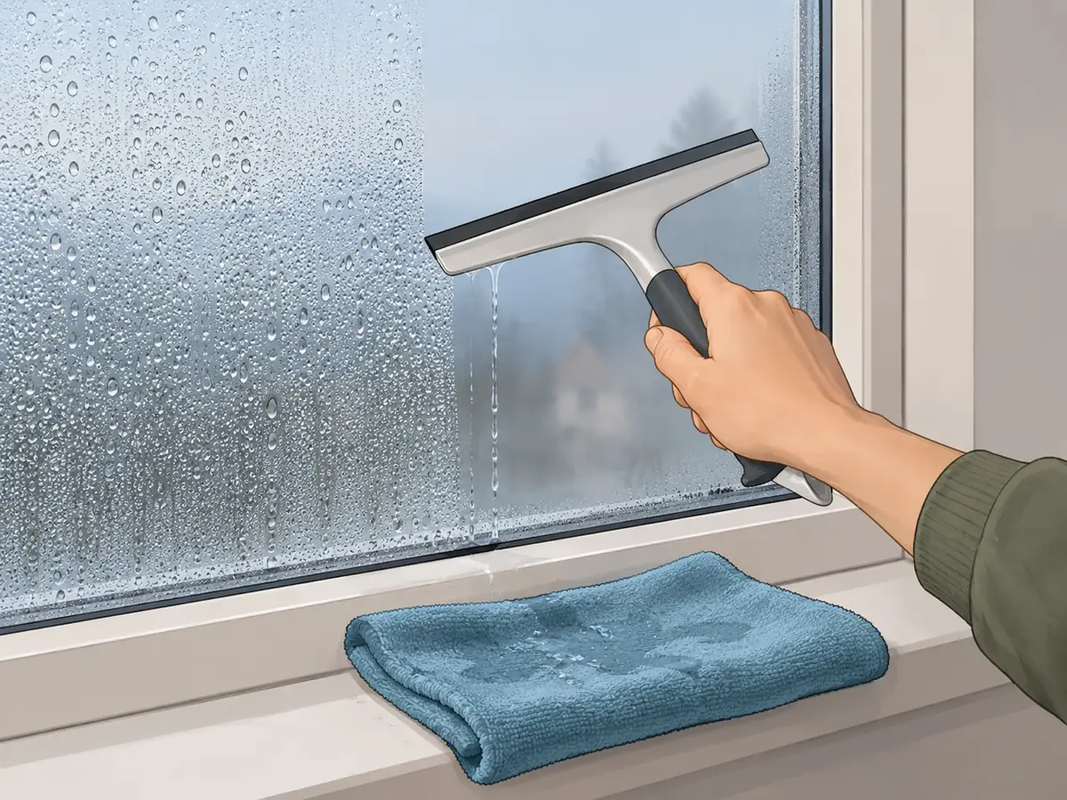 Wiping window condensation with a squeegee