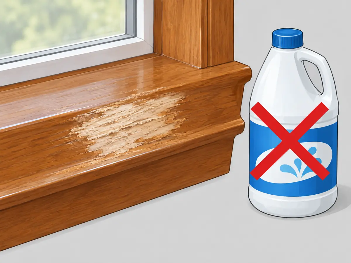 Bleach discoloring a wooden window sill