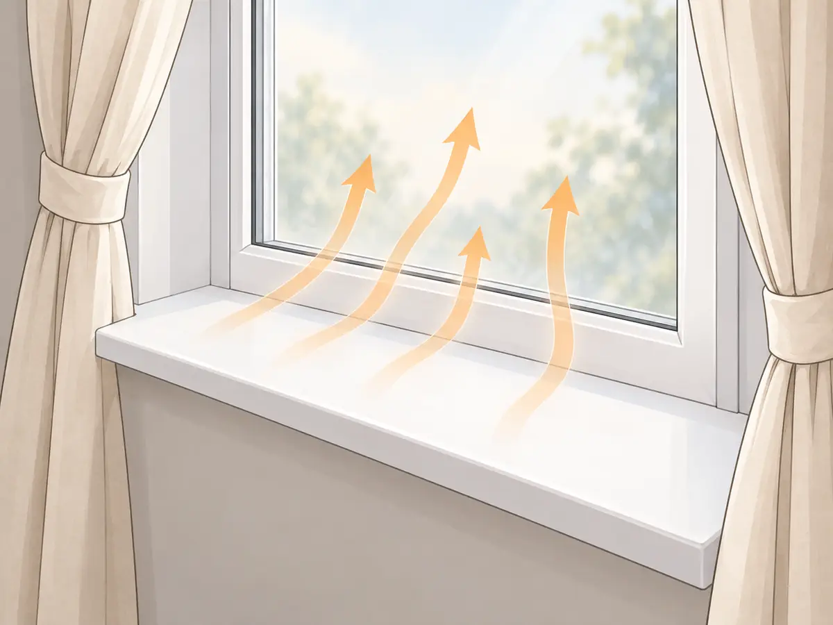 Clear, dry window sill with curtains tied back