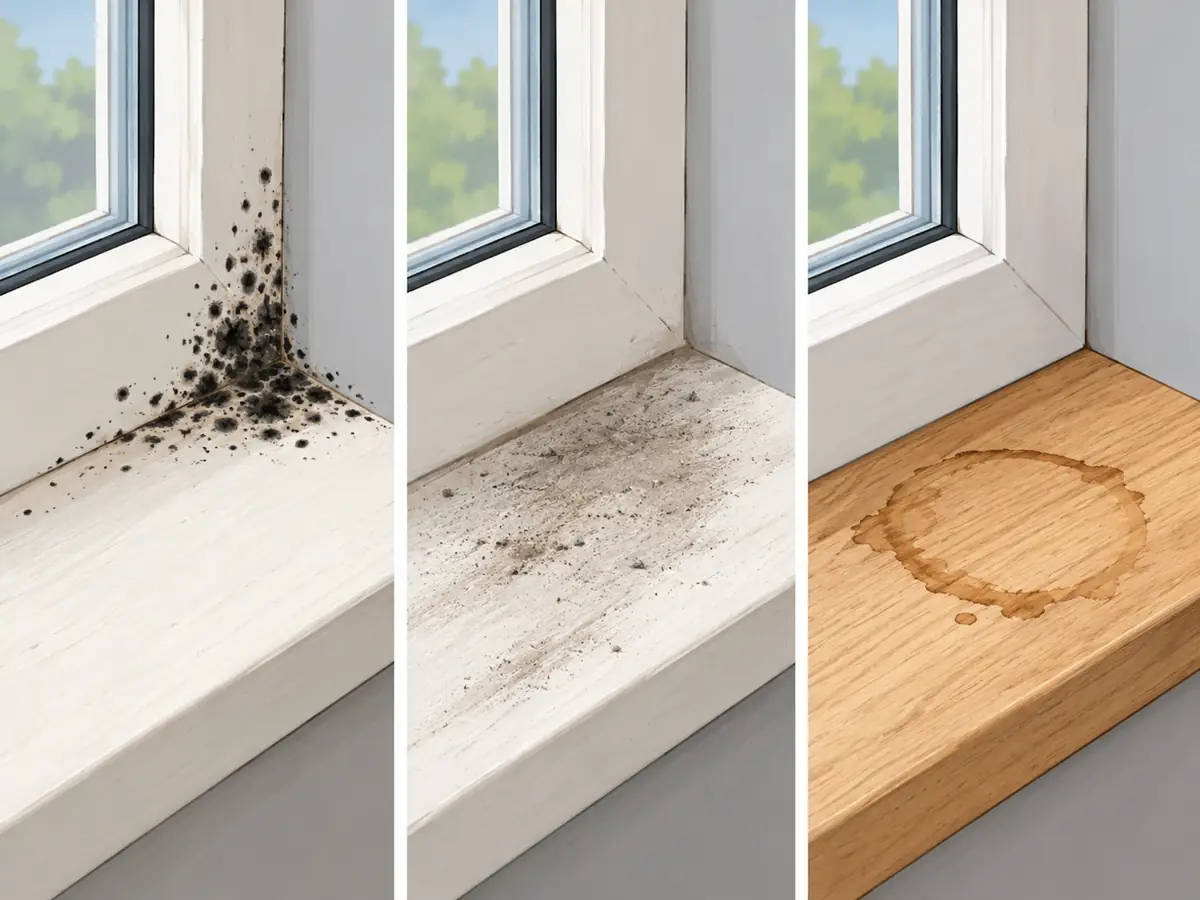 Mold, dirt and a water stain on a window sill compared