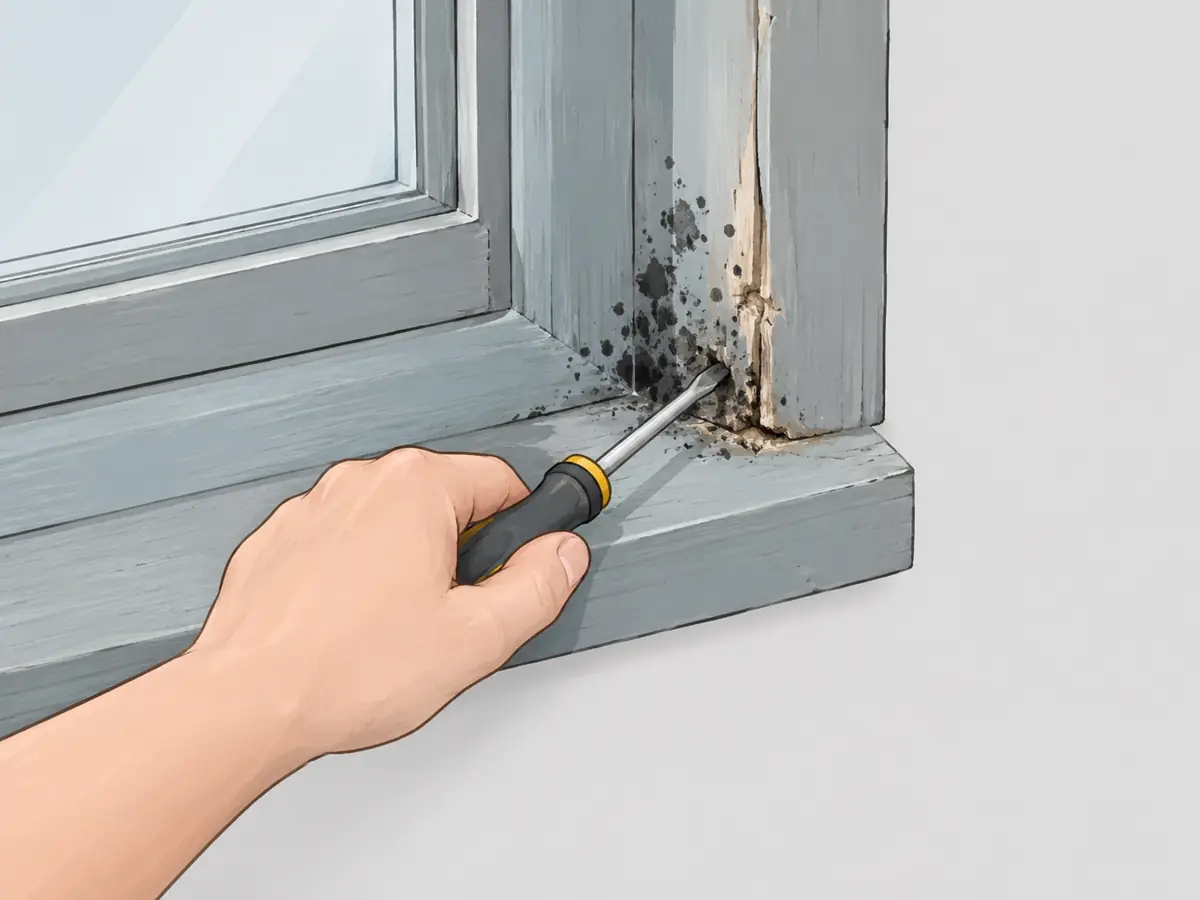 Testing a moldy wooden window sill for rot with a screwdriver