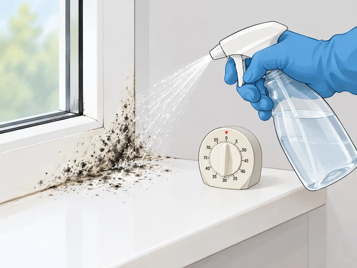 Spraying vinegar on a moldy window sill and letting it sit