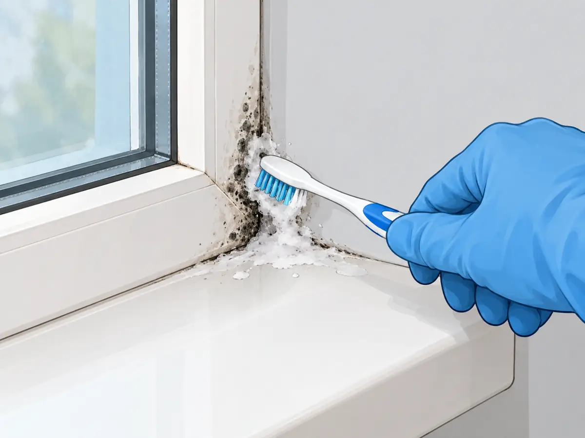 Scrubbing mold out of the corner of a window sill with a toothbrush