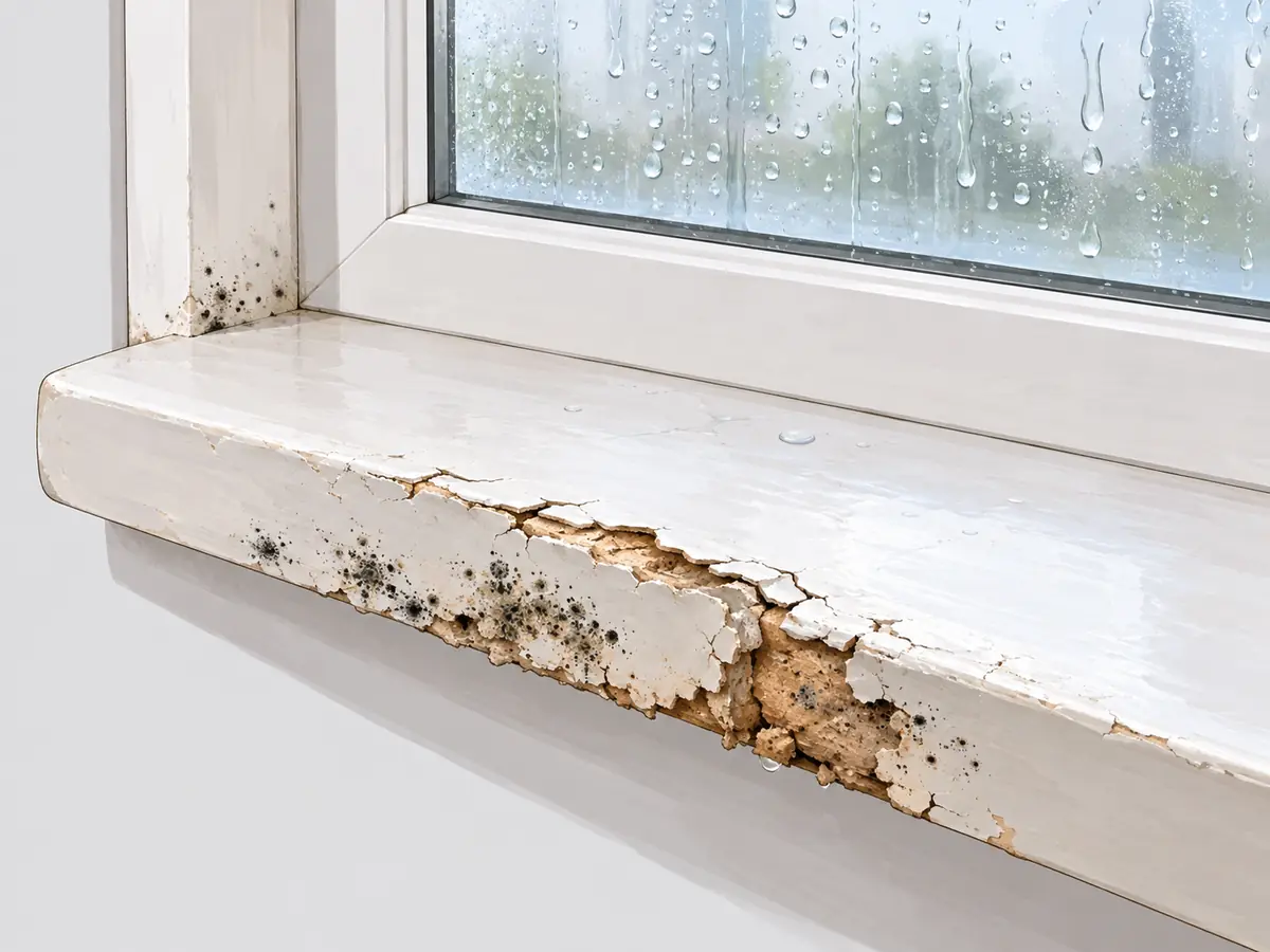Swollen MDF window sill damaged by water and mold