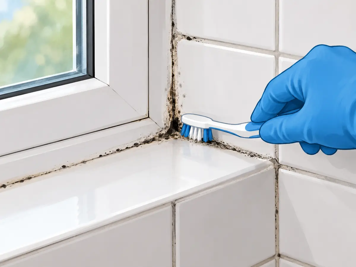 Scrubbing mold from grout on a tiled bathroom window sill