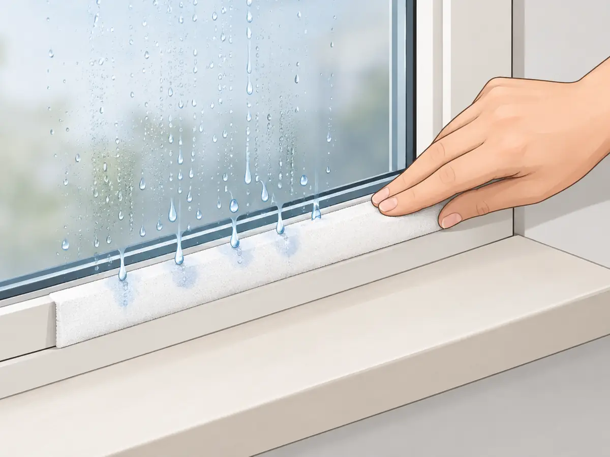 Moisture-absorbing strip catching condensation at the bottom of a window