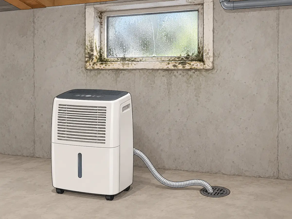 Dehumidifier next to a damp basement window
