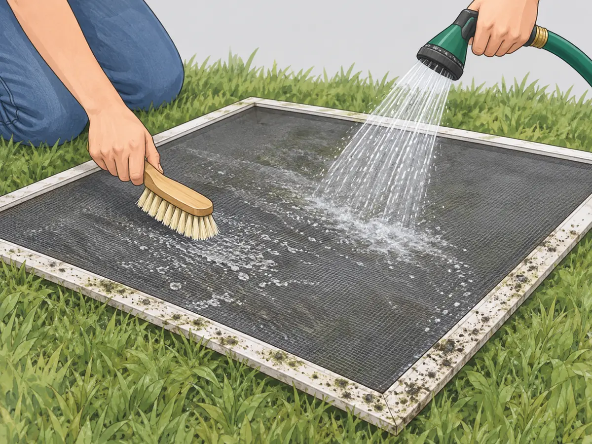 Cleaning a moldy window screen outdoors with a brush and hose