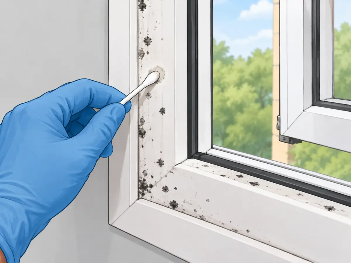 Testing whether a black spot on a window is mold or dirt with a cotton bud