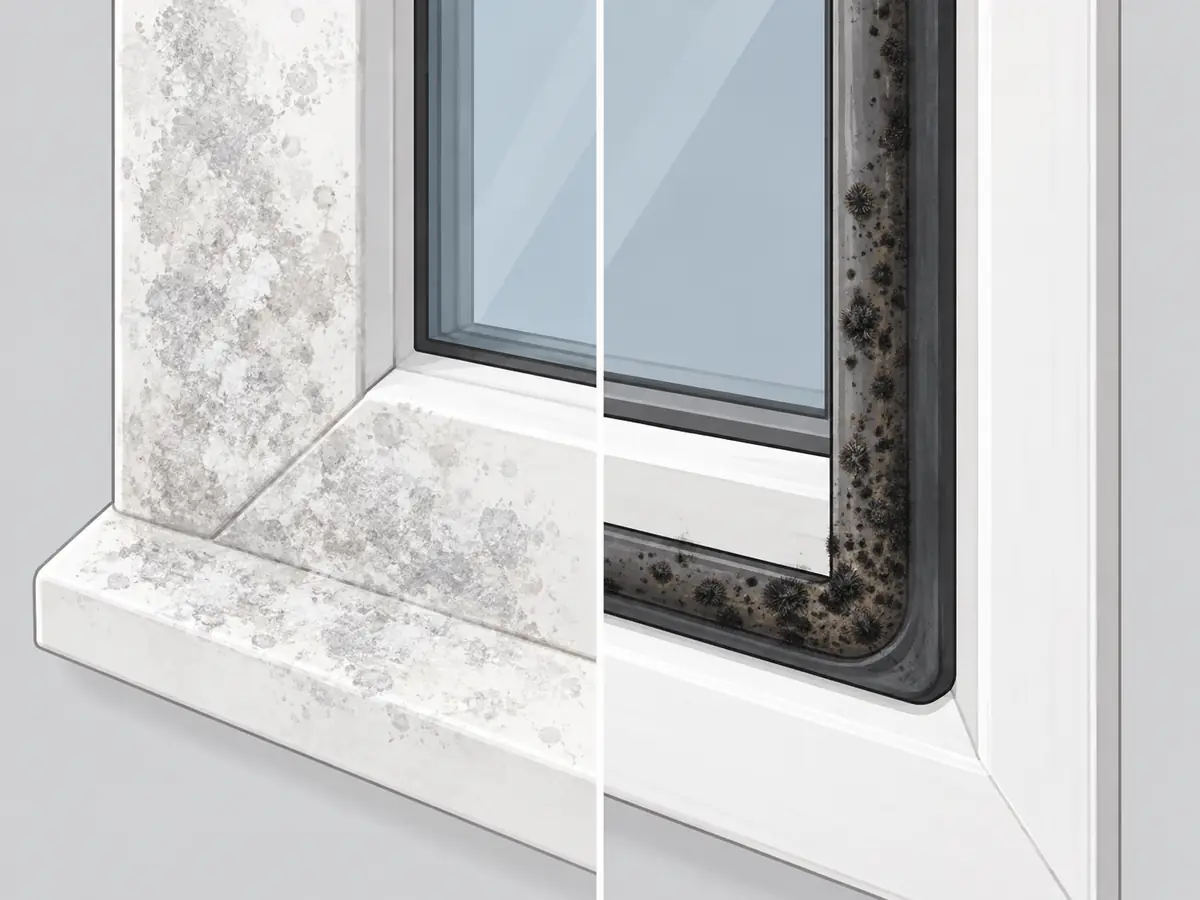 Mold vs mildew on a window: white powdery mildew next to black fuzzy mold