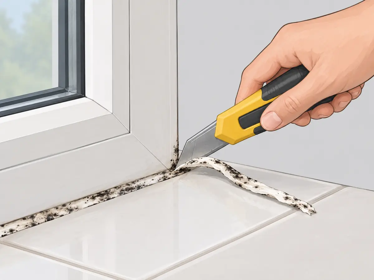 Cutting out moldy silicone caulk around a window