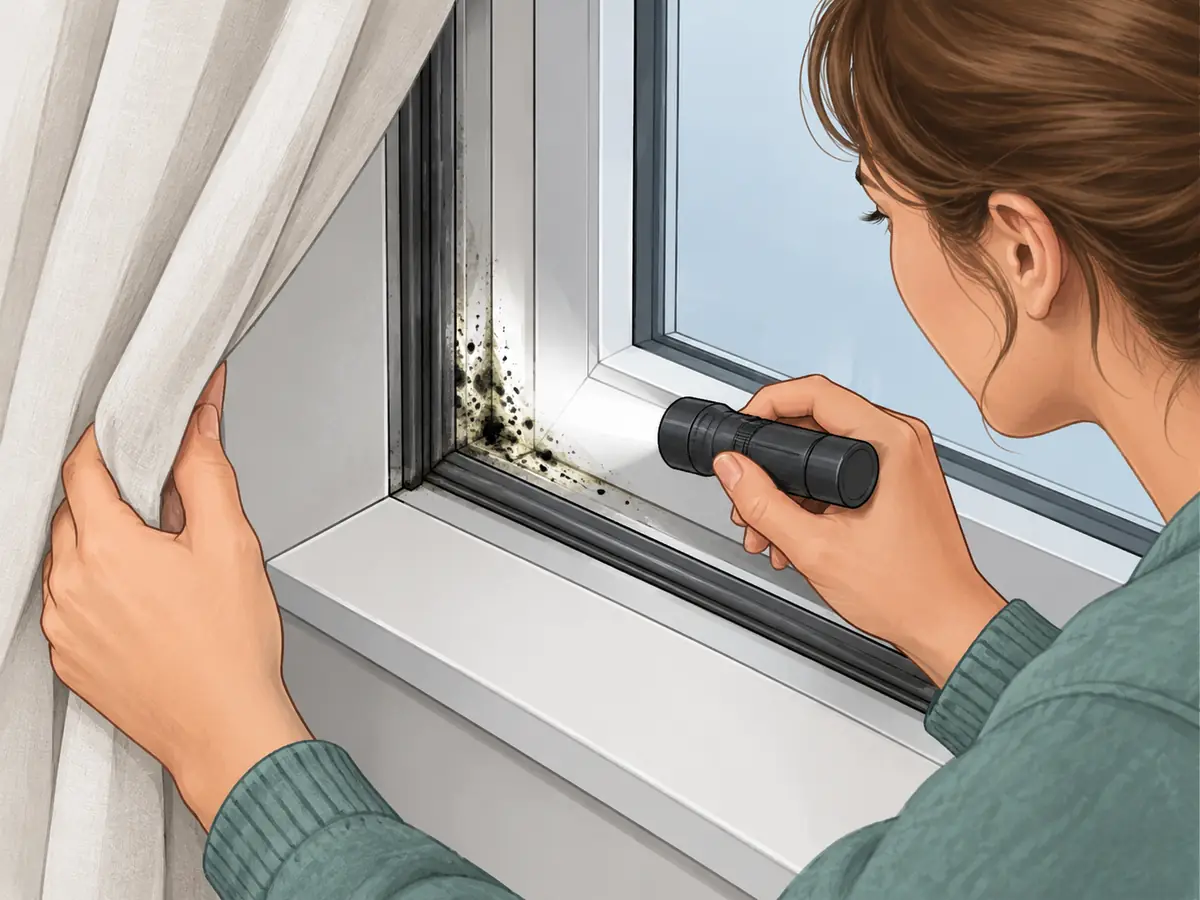 Inspecting a window with a flashlight to find every spot of mold