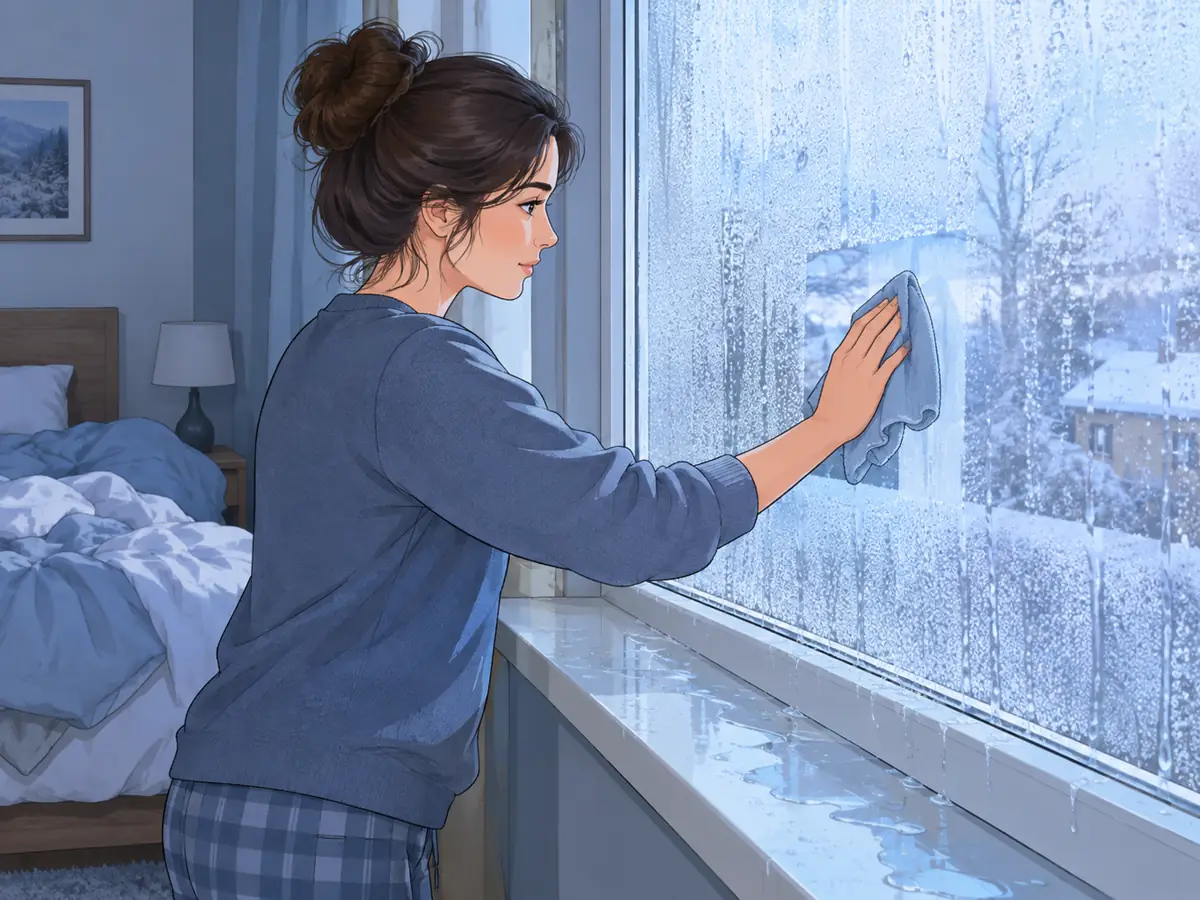 Heavy condensation on a bedroom window on a cold winter morning